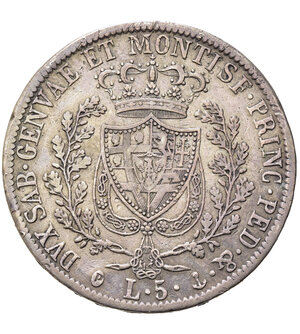 reverse: Carlo Felice (1821-1831). 5 lire 1827. Genova. Ag. Gig. 45. qBB