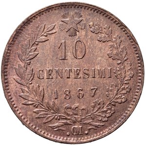 reverse: Vittorio Emanuele II (1861-1878). 10 centesimi 1867 Bruxelles. Gig.99a. Spl+/qFDC