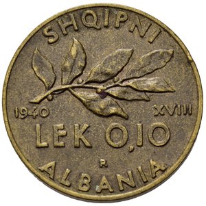 reverse: Vittorio Emanuele III (1900-1943). ALBANIA. 0,10 lek 1940 XVIII. Gig.15. BB+