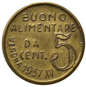 obverse: GETTONI. VERONA. Gettone buono alimentare da 5 centesimi 1937 XV . AE dorato (2,40 g). San Vincenzo De Paoli. FDC