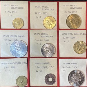 obverse: ESTERE. AFRICA. Lotto di 9 monete di area africana con cartellino di vecchia raccolta. Conservazioni varie da SPL a FDC