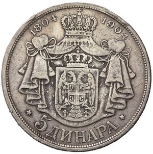 reverse: SERBIA. Peter I (1903-1918). 5 dinara 1904. Ag. KM#27. qBB