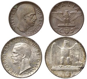 obverse: SAVOIA. Regno d Italia. Lotto di 2 monete. 5 lire 1930 - 5 centesimi 1936. SPL-FDC