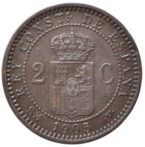 reverse: SPAGNA. Alfonso XIII (1886-1931). 2 Centavos 1905. Cu. KM#722. qSPL