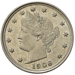 reverse: STATI UNITI. 5 cents Liberty Nickel 1906. KM#112. SPL/SPL+