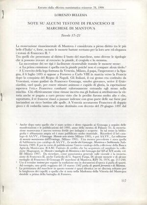 obverse: BELLESIA  L. -  Note su alcuni testoni di Francesco II marchese di Mantova.  Berna, 1999.  Pp. 117 – 129,  tavv. 5. Brossura ed. ottimo stato, importante lavoro.