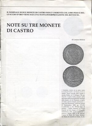obverse: BELLESIA  L. -  Note su tre monete di Castro. Serravalle s.d. pp. 11, tav. e ill nel testo. brossura ed. buono stato.