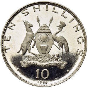 reverse: UGANDA. 10 Shillings 1969. Ag. KM#10. Proof 