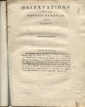 obverse: Lippi C. - Observation sur la monnaies de Naples. Roma? 1830.  pp. 22. ril. cart. Muto coevo sciupato, buono stato, molto raro.