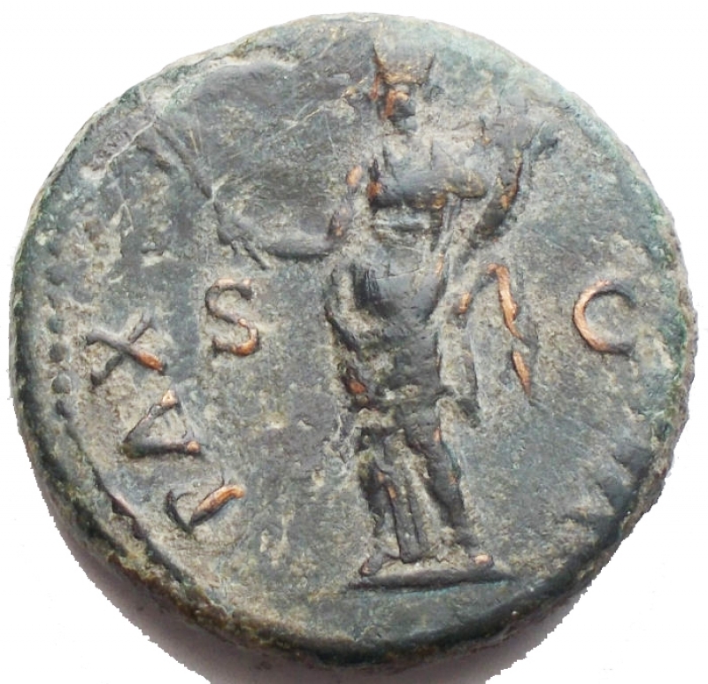 reverse: Impero Romano - Vespasiano. 69-79 d.C.Asse. d/ Testa di Vespasiano verso destra. r/ Pax verso sinistra con ramoscello ? e cornucopia, ai lati SC. Peso 11,03 gr. Diametro 25,02 mm.BB. Patina