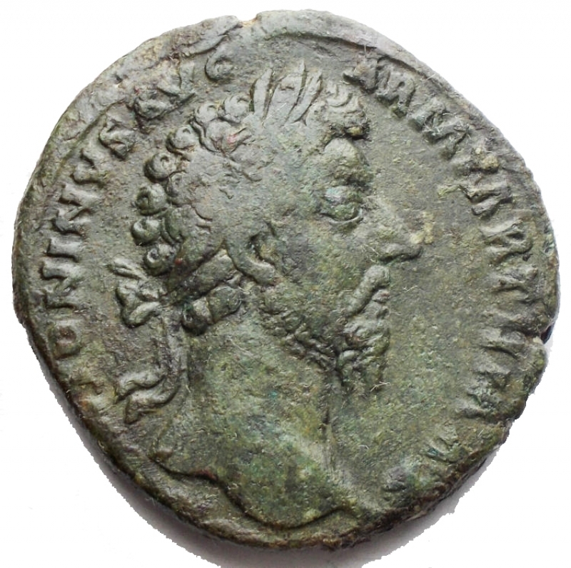 obverse: Impero Romano - Marco Aurelio. 161-180 d.C. Sesterzio. AE. r/ Vittoria alata a sn. gr 22,48. mm 31,6. BB. Patina verde