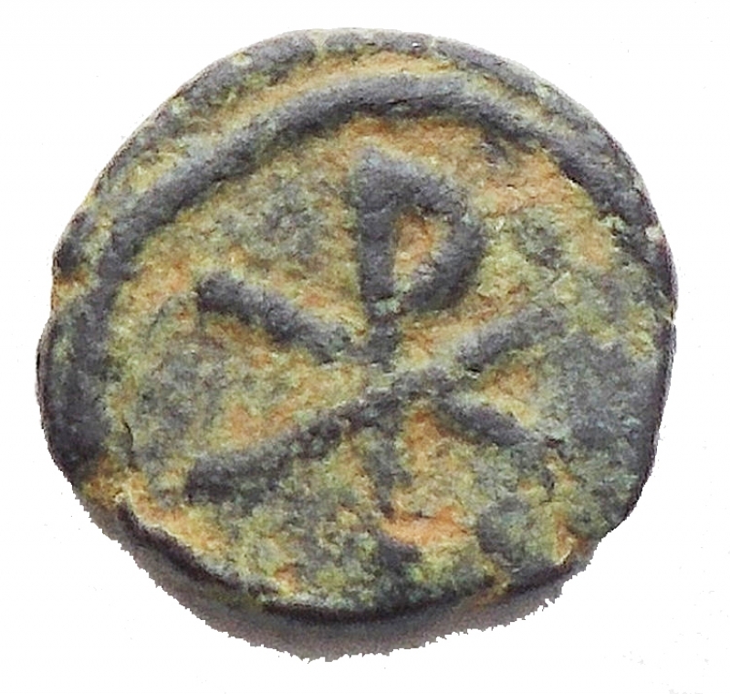 obverse: Impero Bizantino - JUSTINIAN I (527-565). Nummus. Carthage. Obv: Diademed, draped and cuirassed bust right. Rev: Large Chi-Rho within double border.Sear 283; MIBE 206a. Very rare Condition Very fine. Weight: 0.76 g. Diameter: 9,4 mm.