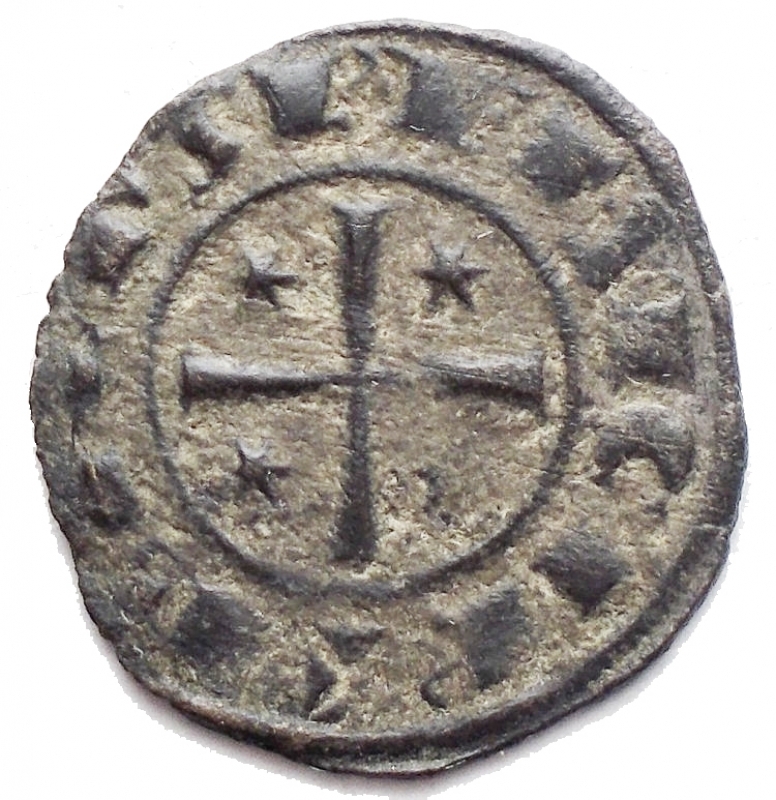 reverse: Brindisi. Federico II (1198-1250) Denaro del 1249. D/ F tra stelle. R/ Croce. Sp.148. MI. 0.88 gr. BB-qSPL. Bella patina