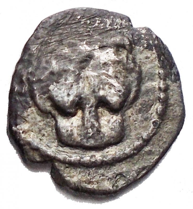 reverse: Mondo Greco - LEONTINOI. Sicily. Ca. 485-466 B.C. AR Obol. Facing lion s scalp. Rv. Barley grain. 0.53 grams. C. Boehringer, 