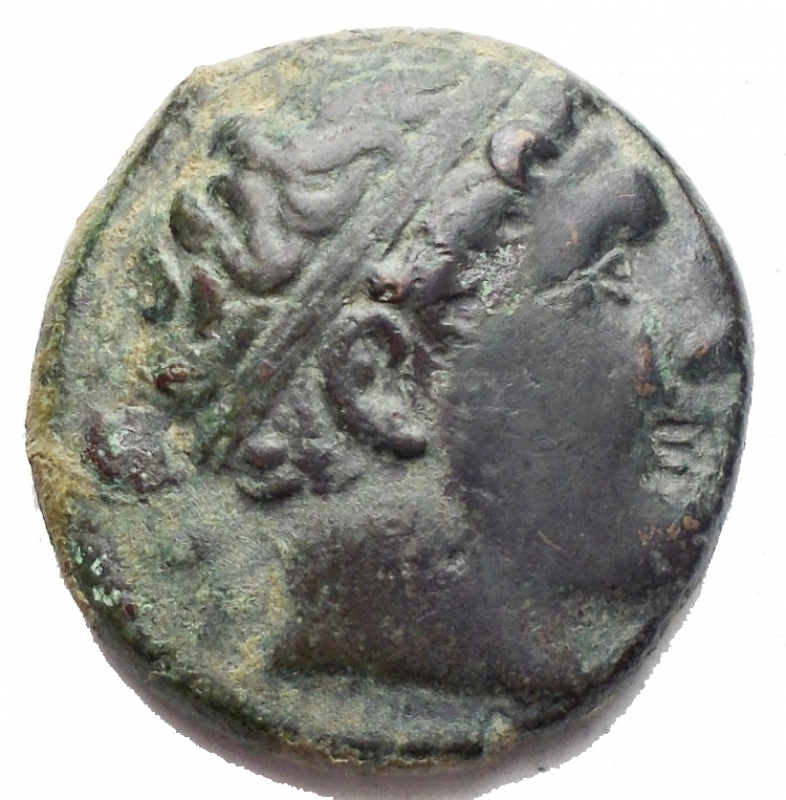 reverse: Mondo Greco - Syracuse, Agatocles (317-289 BC) AE ca. 8.0 g. 20.9 x 21.5 mm. d / Diademed head of Heracles a d. r / Lion advances to d. above club CNS II, n. 151 Ds 8; SNG Copenhagen -; SNG ANS 740. Rare. Green patina. VF-aEF