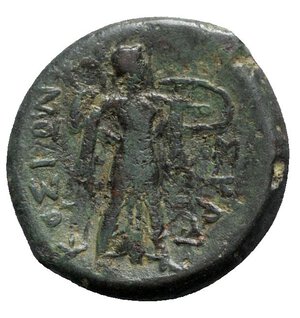 reverse: Sicily, Syracuse. Pyrrhos (278-276 BC). Æ (22mm, 9.91g, 11h). Head of Herakles l., wearing lion-skin. R/ Athena Promachos advancing r., holding thunderbolt and shield. CNS II, 176; SNG ANS 844-50; HGC 2, 1451. Green patina, VF - Good VF