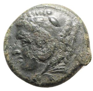obverse: Sicily, Syracuse. Pyrrhos (278-276 BC). Æ (25mm, 11.19g, 1h). Head of Herakles l., wearing lion-skin. R/ Athena Promachos advancing r., holding thunderbolt and shield; wreath to l. CNS II, 177 Ds 69; SNG ANS 845-6; HGC 2, 1450. Green patina, roughness, near VF