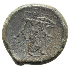 reverse: Sicily, Syracuse. Pyrrhos (278-276 BC). Æ (25mm, 11.19g, 1h). Head of Herakles l., wearing lion-skin. R/ Athena Promachos advancing r., holding thunderbolt and shield; wreath to l. CNS II, 177 Ds 69; SNG ANS 845-6; HGC 2, 1450. Green patina, roughness, near VF