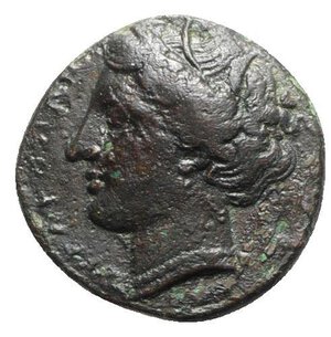 obverse: Sicily, Syracuse. Hieron II (275-215 BC). Æ (20mm, 5.79g, 6h), c. 275-269 BC. Wreathed head of Kore l. R/ Bull butting l.; club and T above; IE in exergue. CNS II, 192 Rl 19; HGC 2, 1469. Dark green patina, near VF