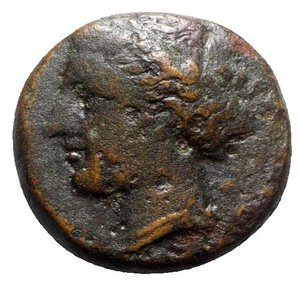 obverse: Sicily, Syracuse. Hieron II (275-215 BC). Æ (18mm, 5.63g, 5h), c. 275-269 BC. Wreathed head of Kore l. R/ Bull butting l.; club and T above; IE in exergue. CNS II, 192 Rl 19; HGC 2, 1469. VF