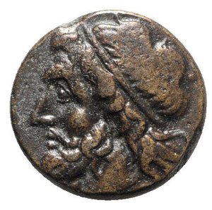 obverse: Sicily, Syracuse. Hieron II (275-215 BC). Æ (19mm, 6.10g, 12h). Head of Poseidon l., wearing tainia. R/ Ornamented trident head flanked by two dolphins. CNS II, 197; SNG ANS 964ff.; HGC 2, 1550. Good VF