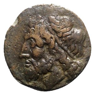 obverse: Sicily, Syracuse. Hieron II (275-215 BC). Æ Litra (20mm, 6.95g, 2h). Head of Poseidon l., wearing tainia. R/ Ornamented trident head; flanked by dolphins downward, ΔA to lower r. CNS II, 197 R1 10; HGC 2, 1550. Brown patina, Good VF