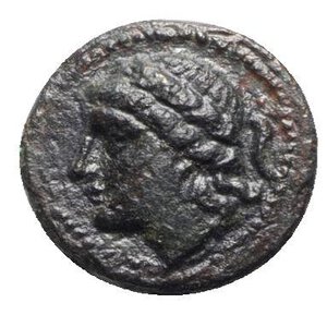 obverse: Sicily, Syracuse. Roman rule, after 212 BC. Æ (13mm, 1.51g, 5h). Laureate head of Apollo l.; cornucopia behind. R/ Tripod. CNS II, 212 Ds 41; cf. SNG ANS 1078-9; HGC 2, 1523. Dark patina, VF