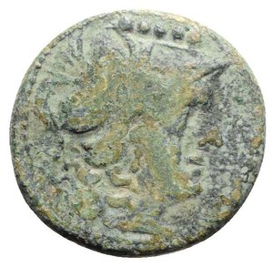 obverse: Northern Apulia, Teate, c. 225-200 BC. Æ Quincunx (26mm, 13.84g, 1h). Head of Athena r., wearing crested Corinthian helmet. R/ Owl standing r. on Ionic capital; crescent and five pellets to r. HNItaly 702a; SNG ANS 746. Green patina, Good Fine