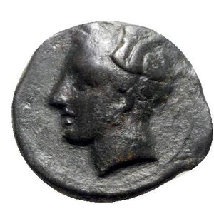 obverse: Sicily, Carthaginian Domain, c. 375-350 BC. Æ (16.5mm, 3.57g, 7h). Wreathed head of Tanit l. R/ Horse prancing r. MAA 15a; SNG Copenhagen 97; CNS III, 1; HGC 2, 1668. Dark patina, VF - Good VF