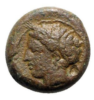 obverse: Sicily, Carthaginian Domain, c. 375-350 BC. Æ (14mm, 4.71g, 10h). Wreathed head of Tanit l. R/ Horse prancing r. MAA 15a; SNG Copenhagen 97; CNS III, 1; HGC 2, 1668. VF