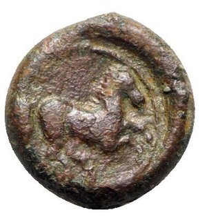 reverse: Sicily, Carthaginian Domain, c. 375-350 BC. Æ (14mm, 4.71g, 10h). Wreathed head of Tanit l. R/ Horse prancing r. MAA 15a; SNG Copenhagen 97; CNS III, 1; HGC 2, 1668. VF