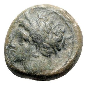 obverse: Sicily, Carthaginian Domain, c. 375-350 BC. Æ (19mm, 7.15g, 3h). Wreathed head of Tanit l. R/ Horse prancing r. MAA 15a; SNG Copenhagen 97; CNS III, 1; HGC 2, 1668. Green patina, Good VF
