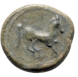 reverse: Sicily, Carthaginian Domain, c. 375-350 BC. Æ (19mm, 7.15g, 3h). Wreathed head of Tanit l. R/ Horse prancing r. MAA 15a; SNG Copenhagen 97; CNS III, 1; HGC 2, 1668. Green patina, Good VF