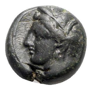 obverse: Sicily, Carthaginian Domain, c. 375-350 BC. Æ (14mm, 4.37g, 6h). Wreathed head of Tanit l. R/ Horse prancing r. CNS III, 4; HGC 2, 1677. Green patina, Good VF