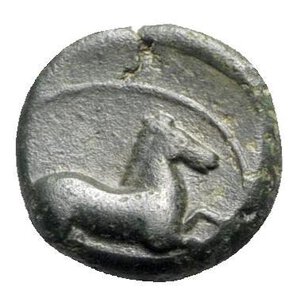 reverse: Sicily, Carthaginian Domain, c. 375-350 BC. Æ (14mm, 4.37g, 6h). Wreathed head of Tanit l. R/ Horse prancing r. CNS III, 4; HGC 2, 1677. Green patina, Good VF