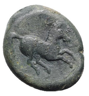 reverse: Sicily, Carthaginian Domain, c. 375-350 BC. Æ (18mm, 3.83g, 6h). Wreathed head of Tanit l. R/ Horse prancing r. MAA 15a; SNG Copenhagen 97; CNS III, 1; HGC 2, 1668. Green patina, VF - Good VF