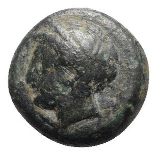 obverse: Sicily, Carthaginian Domain, c. 375-350 BC. Æ (16mm, 5.19g, 3h). Wreathed head of Tanit l. R/ Horse prancing r. MAA 15a; SNG Copenhagen 97; CNS III, 1; HGC 2, 1668. Green patina, VF - Good VF