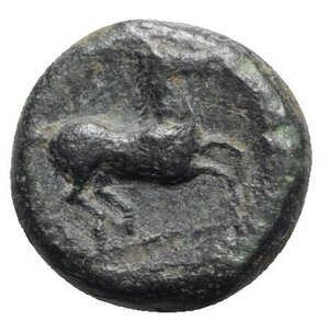 reverse: Sicily, Carthaginian Domain, c. 375-350 BC. Æ (16mm, 5.19g, 3h). Wreathed head of Tanit l. R/ Horse prancing r. MAA 15a; SNG Copenhagen 97; CNS III, 1; HGC 2, 1668. Green patina, VF - Good VF