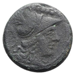 obverse: Northern Apulia, Teate, c. 225-200 BC. Æ Quincunx (26mm, 17.45g, 6h). Head of Athena r., wearing crested Corinthian helmet. R/ Owl standing r. on Ionic capital; crescent and five pellets to r. HNItaly 702a; SNG ANS 746. Dark patina, Good Fine - near VF