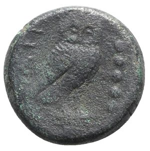 reverse: Northern Apulia, Teate, c. 225-200 BC. Æ Quincunx (26mm, 17.45g, 6h). Head of Athena r., wearing crested Corinthian helmet. R/ Owl standing r. on Ionic capital; crescent and five pellets to r. HNItaly 702a; SNG ANS 746. Dark patina, Good Fine - near VF