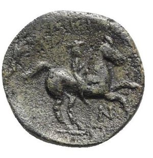 reverse: Kings of Macedon. Philip II (359-336 BC). Æ Unit (17mm, 5.24g, 9h). Uncertain mint. Diademed head of Apollo r. R/ Youth on horseback riding l.; N below. SNG ANS 939. Dark patina, near VF