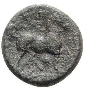 reverse: Thessaly, Larissa, c. 356-342 BC. Æ (20mm, 8.72g, 2h). Head of the nymph Larissa facing slightly l., hair in ampyx. R/ Horse prancing r. Cf. BCD Thessaly II 387-8; HGC 4, 517. Good Fine