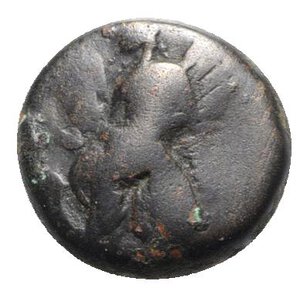 obverse: Attica, Athens (Eleusis), c. 340-335 BC. Æ (14mm, 4.00g, 6h). Triptolemos, holding grain ear, seated l. in winged chariot being drawn by two serpents. R/ Pig standing r. on mystic staff. SNG Copenhagen 415; BMC 14. Fine