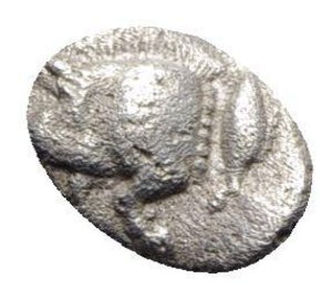 obverse: Mysia, Kyzikos, c. 450-400 BC. AR Obol (10mm, 0.76g, 6h). Forepart of boar l.; tunny to r. R/ Head of roaring lion l.; retrograde K to upper l; all within incuse square. Von Fritze II 15; SNG BnF 380-4. Near VF
