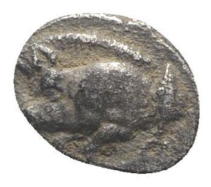 obverse: Mysia, Kyzikos, c. 450-400 BC. AR Hemiobol (7mm, 0.41g, 5h). Forepart of boar l.; tunny to r. R/ Head of roaring lion l.; retrograde K to upper l.; all within incuse square. Von Fritze II 15; SNG BnF 385. VF