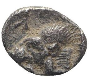 reverse: Mysia, Kyzikos, c. 450-400 BC. AR Hemiobol (7mm, 0.41g, 5h). Forepart of boar l.; tunny to r. R/ Head of roaring lion l.; retrograde K to upper l.; all within incuse square. Von Fritze II 15; SNG BnF 385. VF