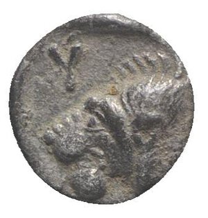 reverse: Mysia, Kyzikos, c. 450-400 BC. AR Hemiobol (6mm, 0.35g, 9h). Forepart of boar r.; tunny to l. R/ Head of roaring lion l., retrograde K to l.; all within incuse square. Von Fritze II 16; SNG BnF 392. VF