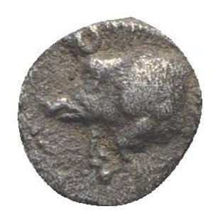 obverse: Mysia, Kyzikos, c. 450-400 BC. AR Hemiobol (6mm, 0.33g, 9h). Forepart of boar l.; tunny to r. R/ Head of roaring lion l.; retrograde K to upper l.; all within incuse square. Von Fritze II 15; SNG BnF 385. VF