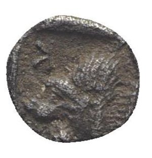 reverse: Mysia, Kyzikos, c. 450-400 BC. AR Hemiobol (6mm, 0.33g, 9h). Forepart of boar l.; tunny to r. R/ Head of roaring lion l.; retrograde K to upper l.; all within incuse square. Von Fritze II 15; SNG BnF 385. VF