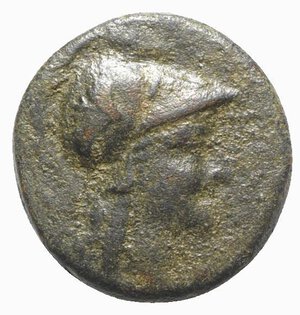 obverse: Mysia, Pergamon, 2nd – 1st century BC. Æ (18mm, 5.38g, 12h). Helmeted head of Athena r. R/ Trophy; monogram to inner l. SNG BnF 1885-90. Green patina, Good Fine